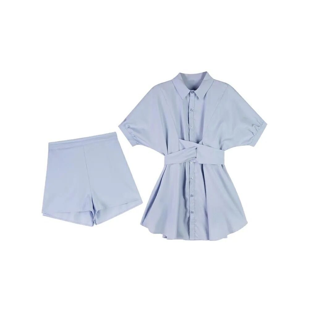 2022 summer new niche design shirt-style blue dress shorts suit girls waist A-line skirt