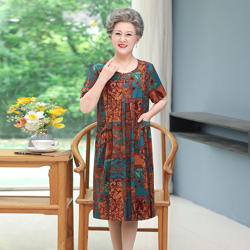 Elderly women's nightdress new cotton silk grandma foreign style mid-length pajamas old man large size loose home service dress
