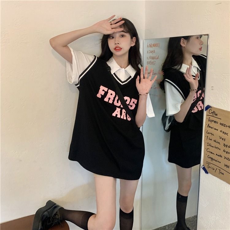Sweet and spicy basketball suit fake two short sleeve T-shirt female loose Korean version ins tide student Harajuku wind half sleeve super fire coat