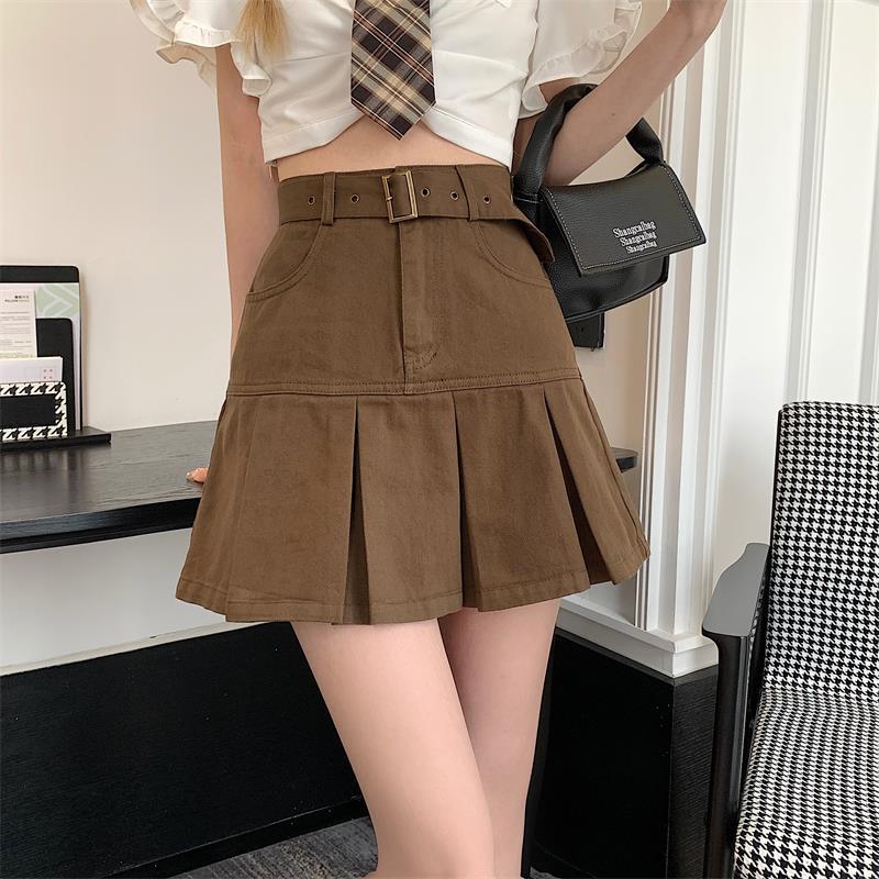 High waisted slim pleated denim A-line skirt for women's summer short skirt  new Korean version Spicy Girls short skirt