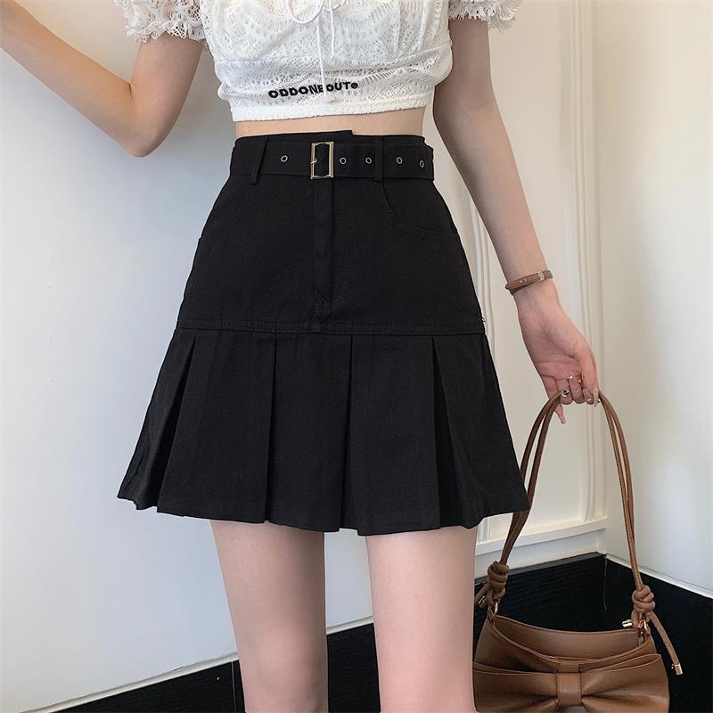 High waisted slim pleated denim A-line skirt for women's summer short skirt  new Korean version Spicy Girls short skirt