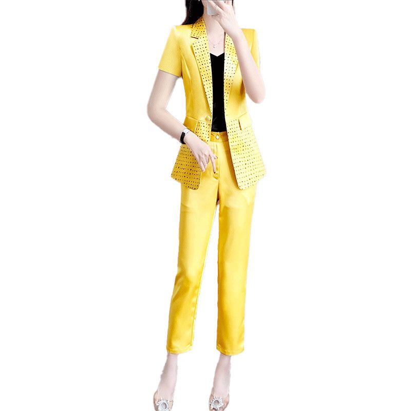 罗蒙西装外套女夏季薄款年新款黄色斑点西服上衣短袖职业套装