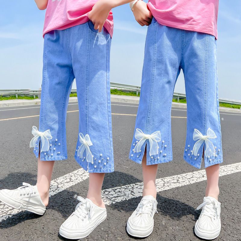 女童牛仔褲七分褲兒童褲子闊腿褲夏薄款2022新款洋氣中褲夏裝休閒