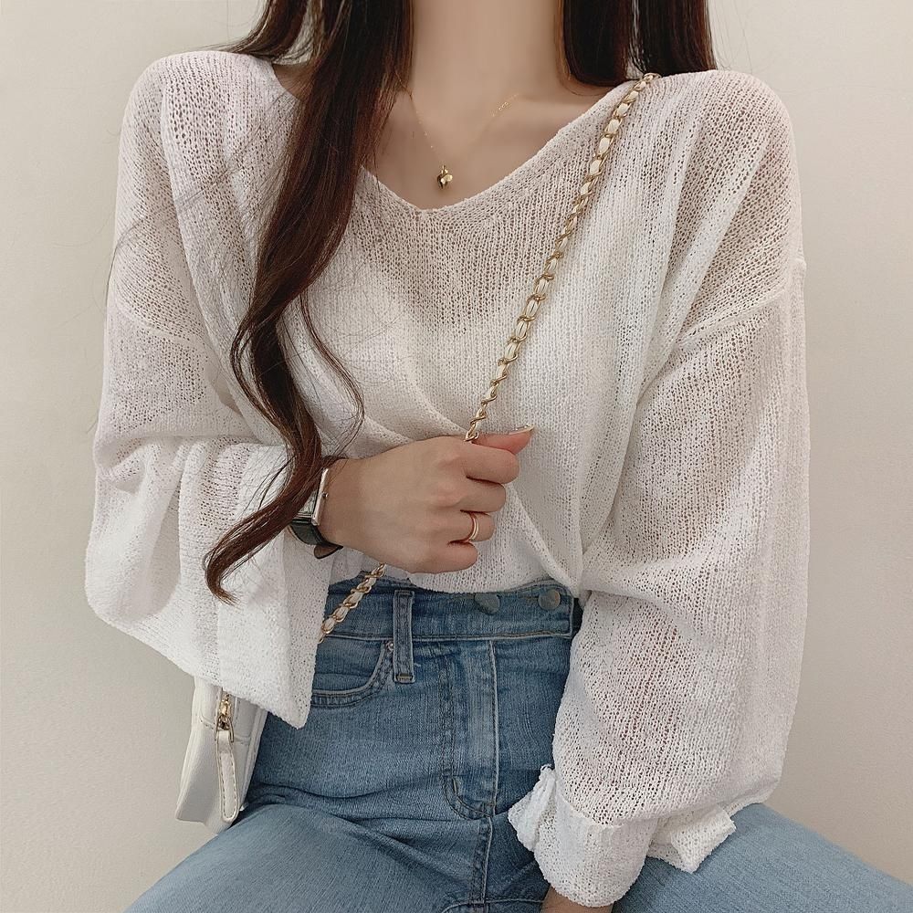 Knitted air-conditioned shirt loose large size women's thin section sun protection clothing design sense ins open back tie long sleeve double v-neck top