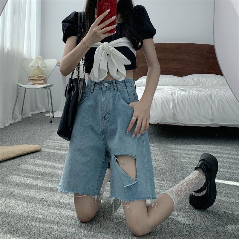 毛邊五分中褲子夏季新款寬鬆顯瘦大碼高腰直筒破洞牛仔短褲女