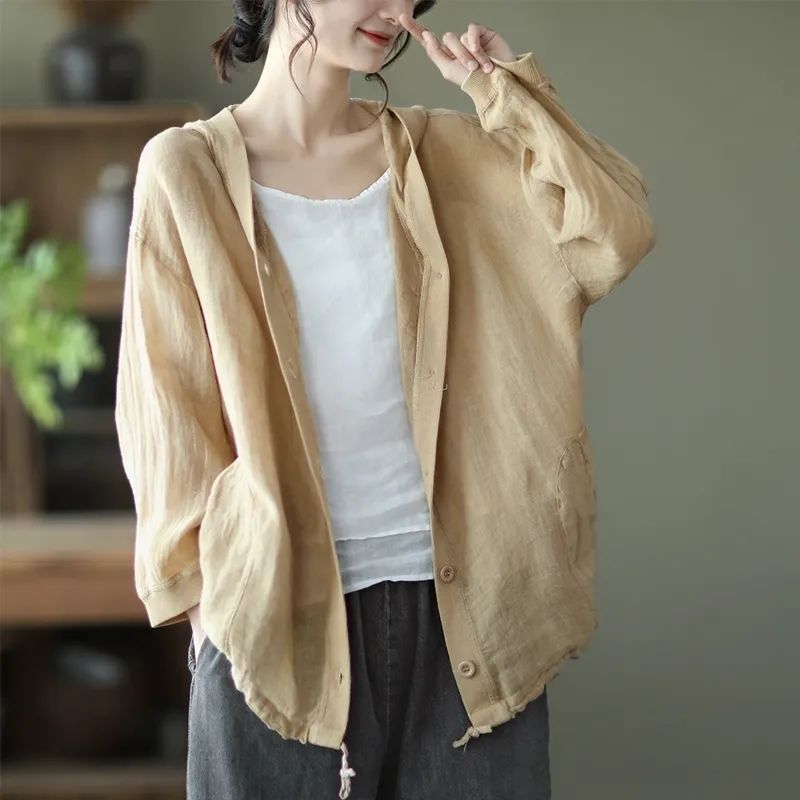 Literary retro cotton and linen hooded jacket women's summer loose casual thin section sunscreen shirt all-match long-sleeved cardigan top