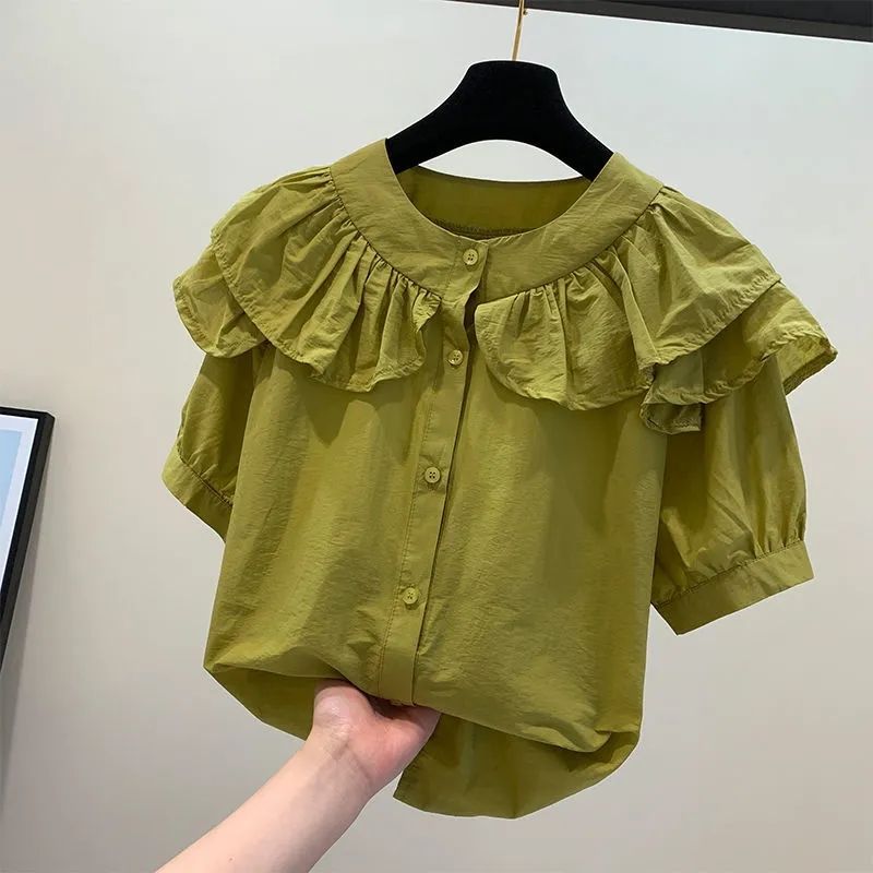 European shirt women's summer new French style western style ruffled short-sleeved chic small shirt to cover the belly chiffon top tide