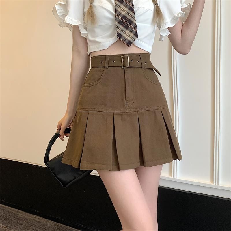 High waisted slim pleated denim A-line skirt for women's summer short skirt  new Korean version Spicy Girls short skirt