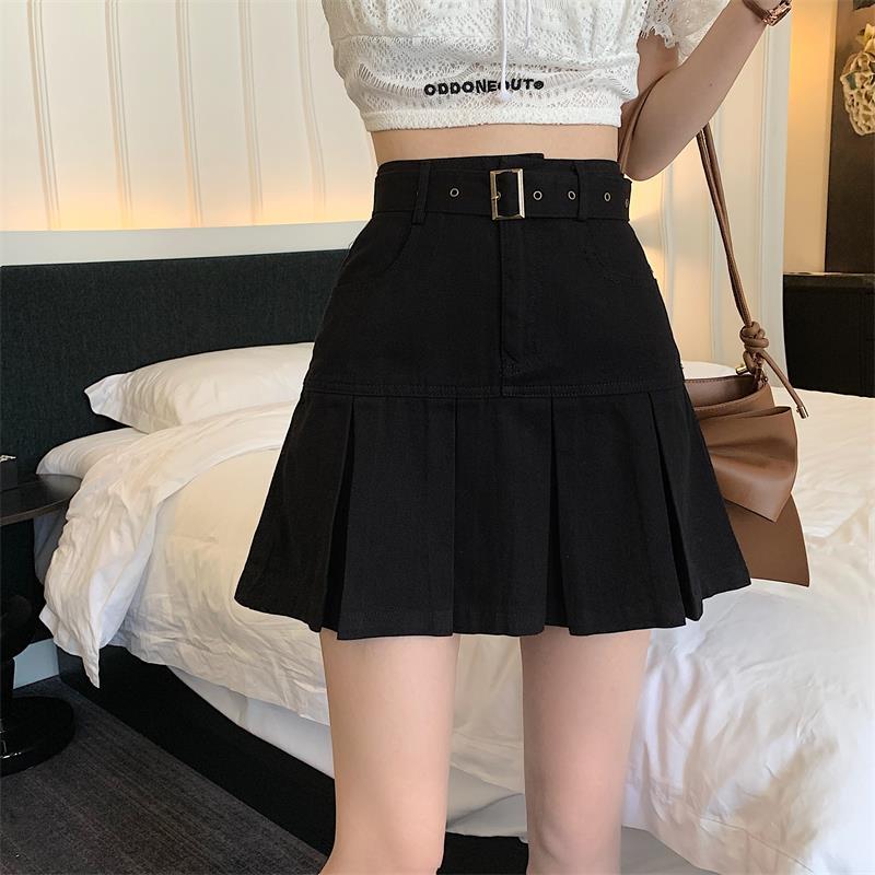 High waisted slim pleated denim A-line skirt for women's summer short skirt  new Korean version Spicy Girls short skirt