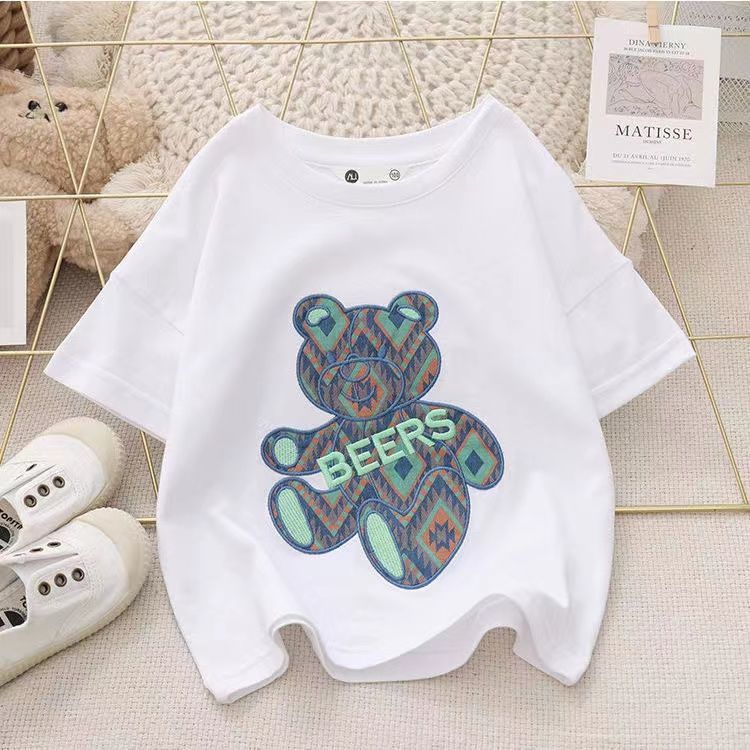 2022 latest summer net red [the same style for siblings] set of pure cotton children's summer heavy industry embroidered bear clothes