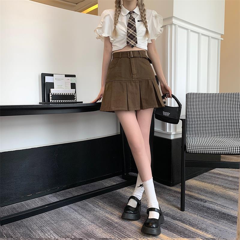 High waisted slim pleated denim A-line skirt for women's summer short skirt  new Korean version Spicy Girls short skirt