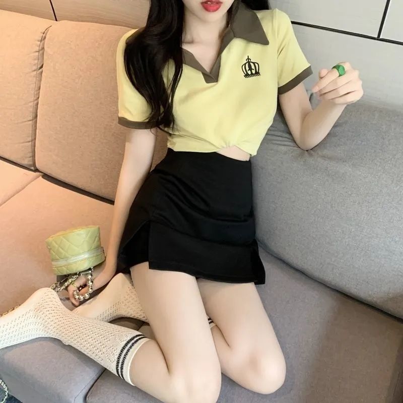 甜酷辣妹套裝夏季polo領短款T恤女半身短裙褲裙小個子顯瘦兩件套