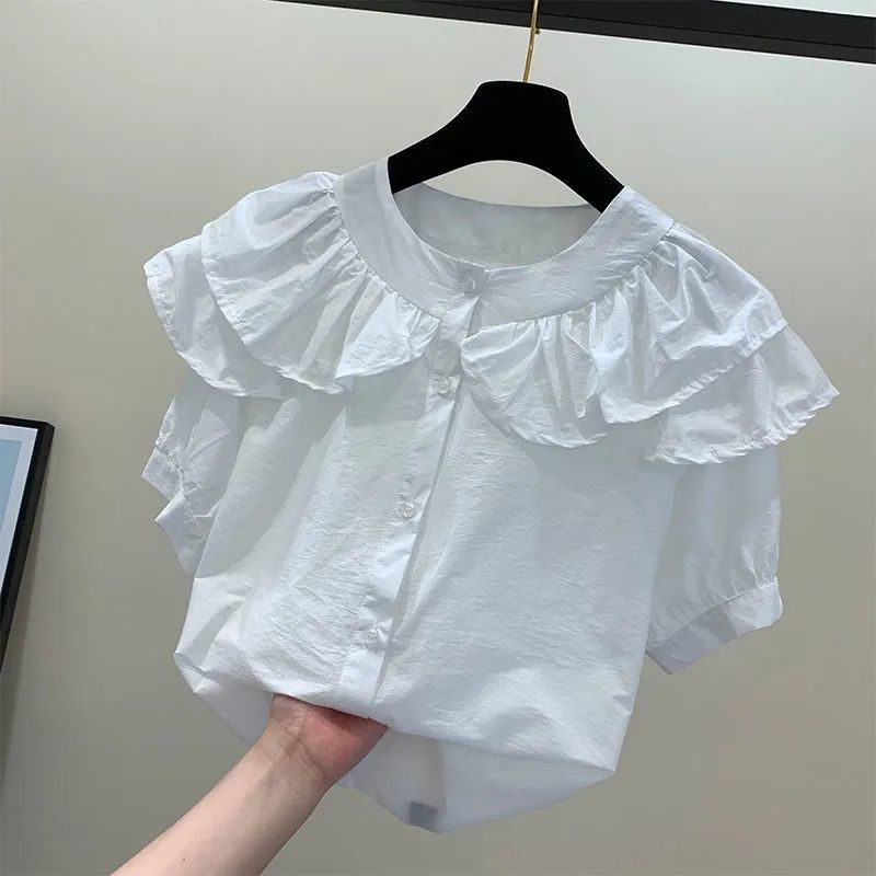 European shirt women's summer new French style western style ruffled short-sleeved chic small shirt to cover the belly chiffon top tide