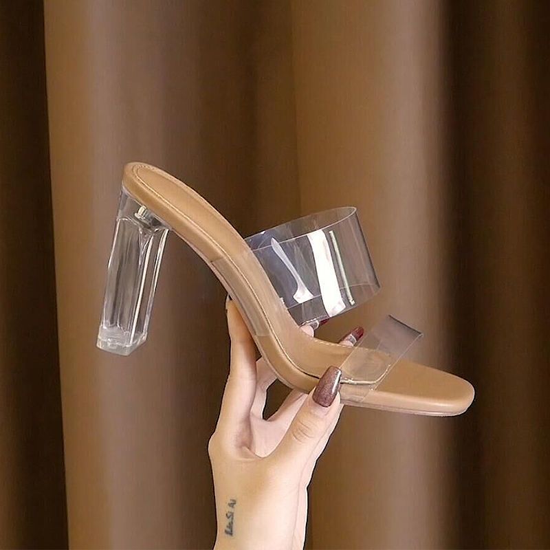 Transparent high-heeled shoes 2023 summer new mid-heel thick-heeled sandals female fairy style crystal heel outerwear sandals and slippers