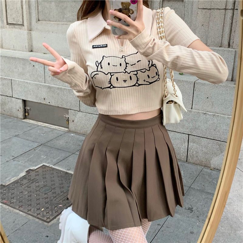 大碼polo領t恤女夏季新款設計感小眾短款甜辣上衣胖mm百褶裙套裝
