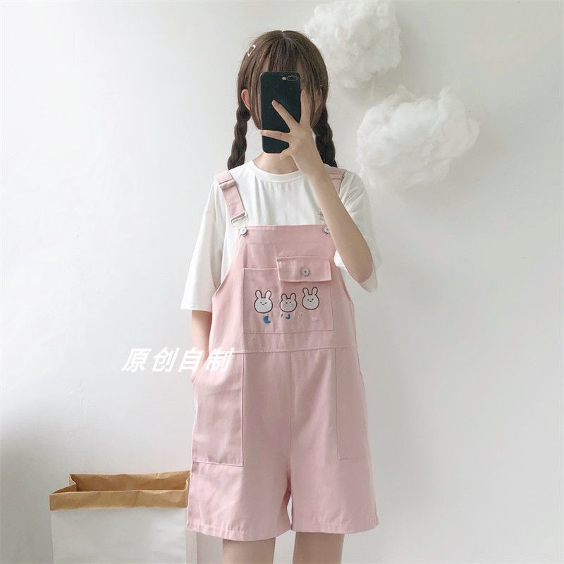 Japanese girl suit cute overalls shorts female summer student small fresh one-piece big boy wide-leg pants two-piece set
