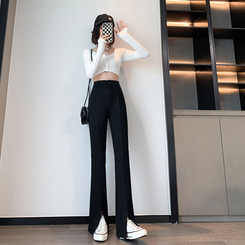 2022 summer white split micro-flare wide-leg pants women's casual high-waisted slim all-match suit mopping long pants