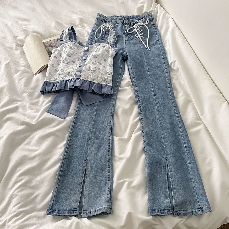 Summer suit women's  new style sweet cool fried Street Hong Kong flavor light familiar style design suspender jeans two piece suit fashion