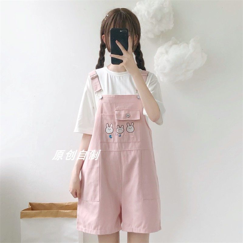 Japanese girl suit cute overalls shorts female summer student small fresh one-piece big boy wide-leg pants two-piece set