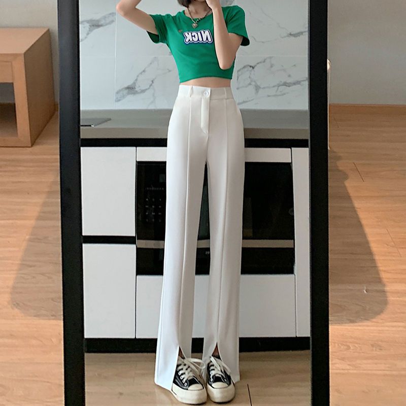 2022 summer white split micro-flare wide-leg pants women's casual high-waisted slim all-match suit mopping long pants