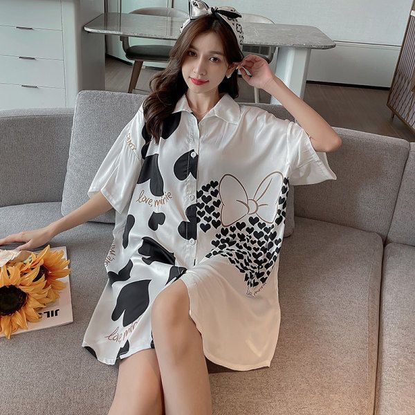 New ice and snow silk nightdress female summer large size 200 catties can be worn outside sweet and cute student pajamas home service