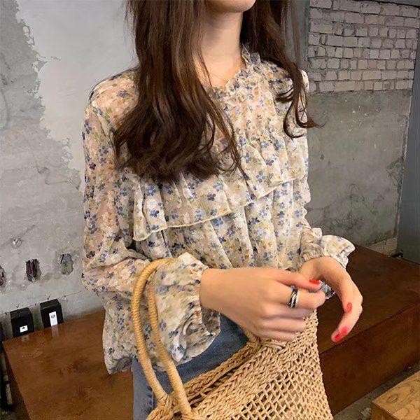 Super fairy design sense niche shirt  spring and autumn long-sleeved foreign style top women's thin section shirt summer floral chiffon shirt