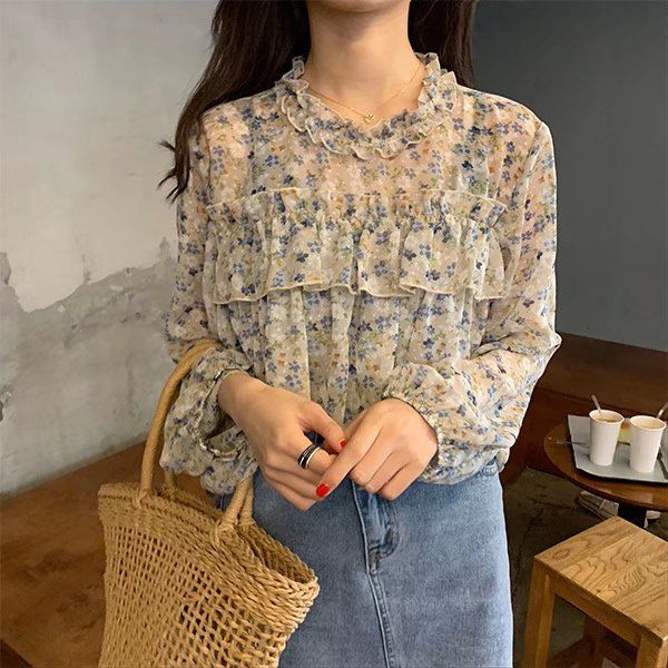 Super fairy design sense niche shirt  spring and autumn long-sleeved foreign style top women's thin section shirt summer floral chiffon shirt