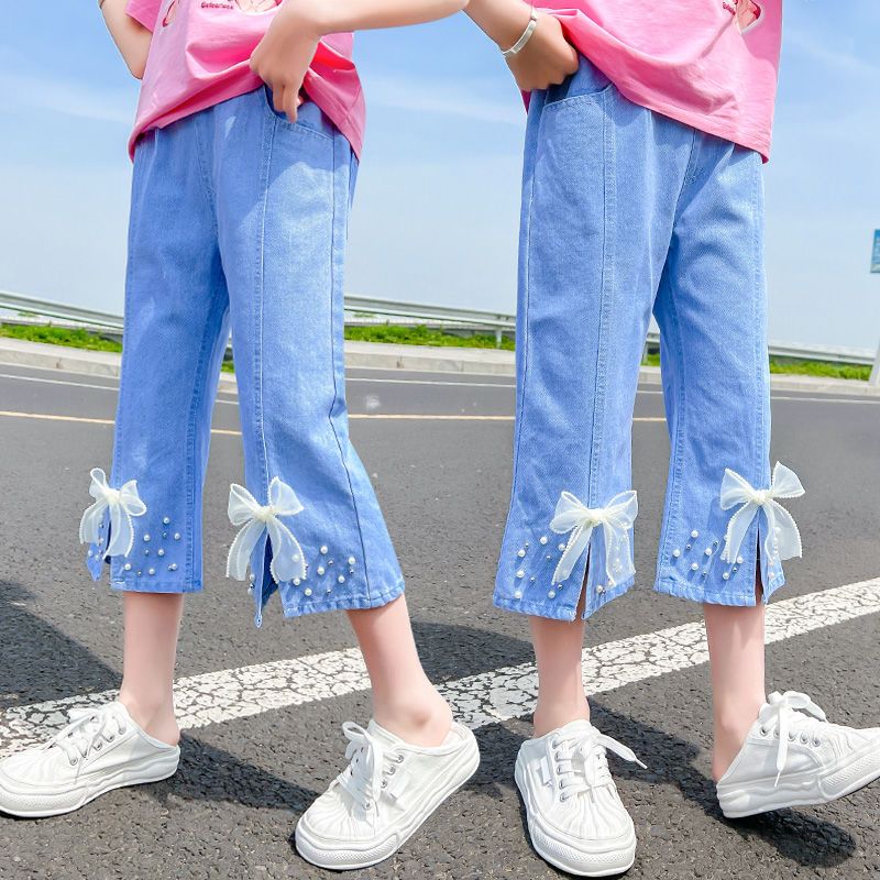 女童夏季牛仔褲七分褲2022新款中大童闊腿褲夏裝女孩兒童褲子薄款