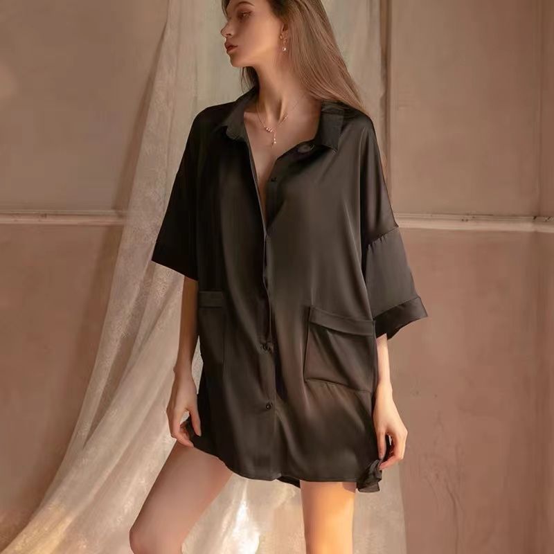 Pajamas women summer thin loose Chiffon boyfriend style shirt seduction nightdress medium length can be worn out in home clothes