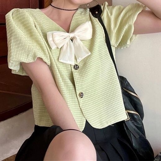  green bowknot shirt women's summer new design sense niche shirt French chic short top