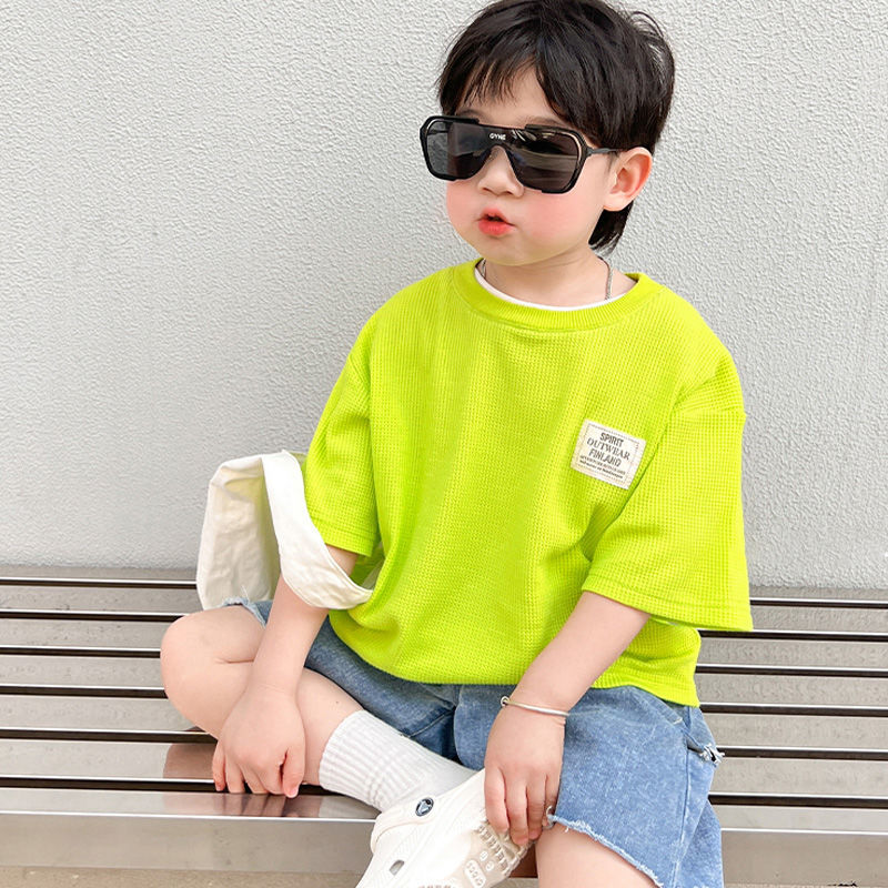 Children's short-sleeved t-shirt baby clothes waffle 2023 children's clothing new products bear girls boys tops half-sleeved trendy