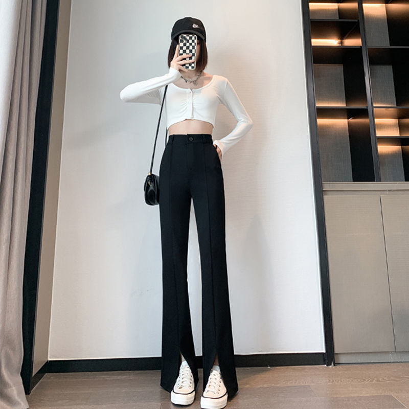 2022 summer white split micro-flare wide-leg pants women's casual high-waisted slim all-match suit mopping long pants