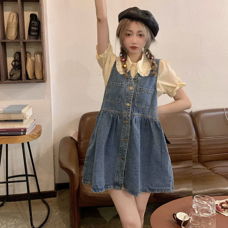 Summer denim dress female retro Hong Kong taste cute little sweet sleeveless A-line single-breasted suspenders skirt