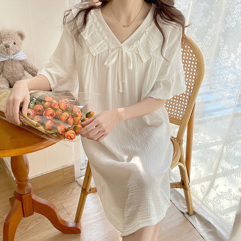 Palace wind nightdress summer female pure cotton cute princess style short-sleeved 2022 new summer pajamas ins wind home service