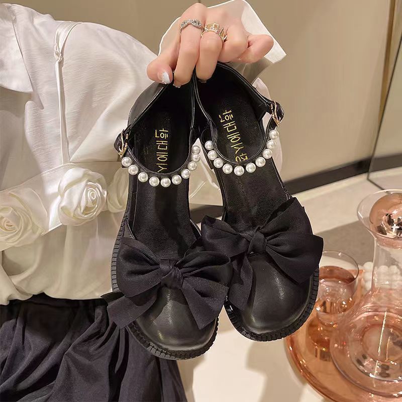 玛丽珍法式高跟鞋女2023年夏季新款珍珠蝴蝶结粗跟防滑百搭小皮鞋