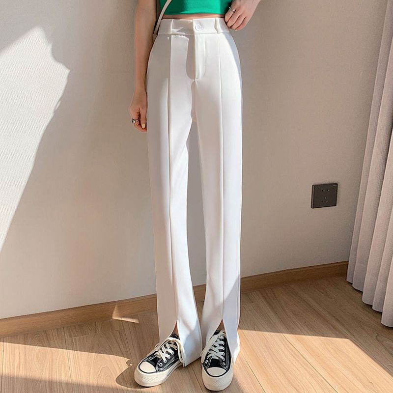 2022 summer white split micro-flare wide-leg pants women's casual high-waisted slim all-match suit mopping long pants