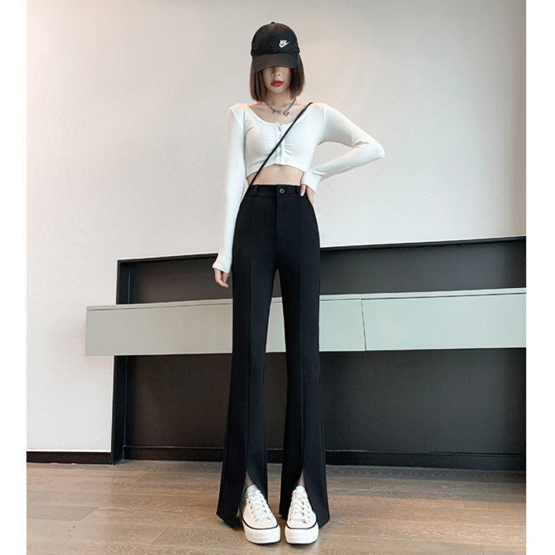 2022 summer white split micro-flare wide-leg pants women's casual high-waisted slim all-match suit mopping long pants