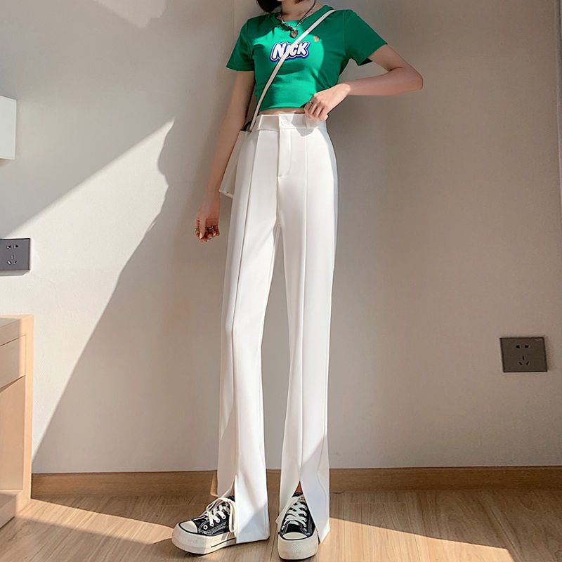 2022 summer white split micro-flare wide-leg pants women's casual high-waisted slim all-match suit mopping long pants