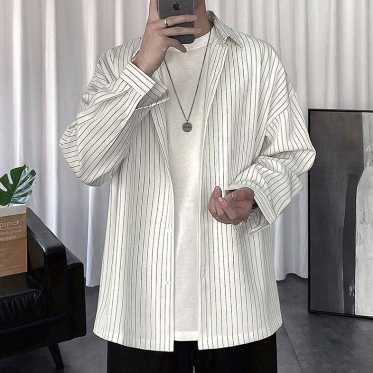 [three piece set] striped shirt men's Hong Kong style casual loose upper clothes men's student trend black long sleeved shirt