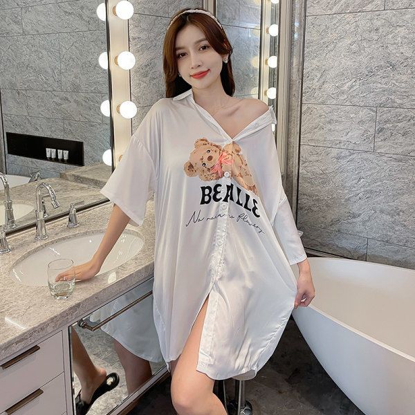 New ice and snow silk nightdress female summer large size 200 catties can be worn outside sweet and cute student pajamas home service