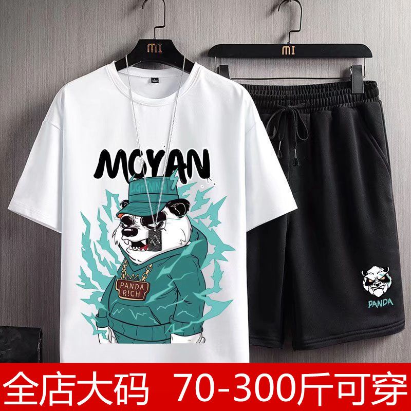 Summer large size men's casual loose short-sleeved shorts two-piece suit for fat students trendy national tide sports i suit