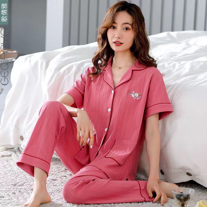 Song Qianya pajamas women's summer outerwear short-sleeved trousers thin section large size ladies home service spring and summer cardigan suit