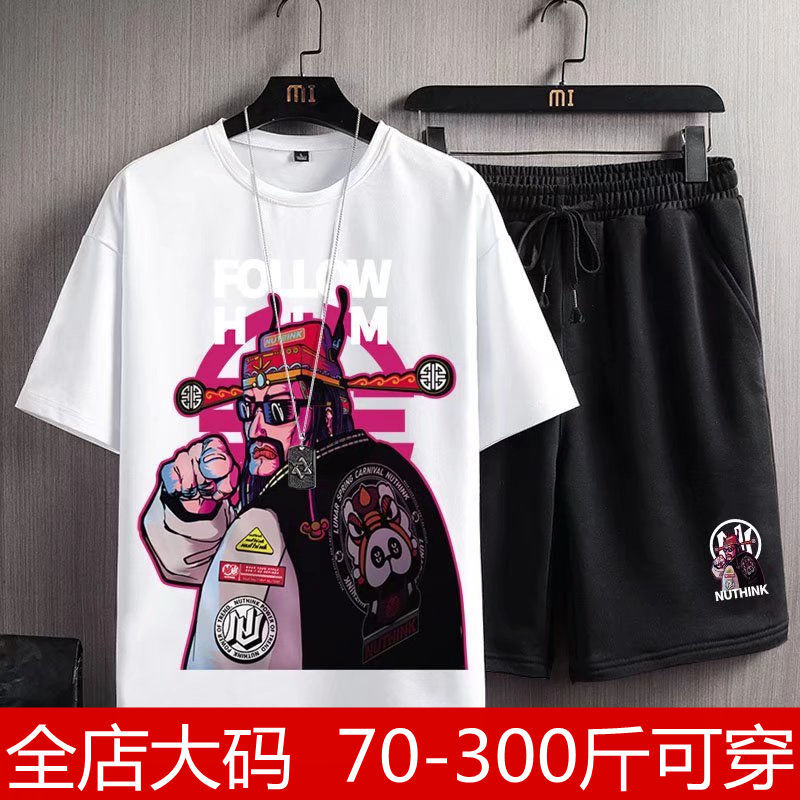 Summer large size men's casual loose short-sleeved shorts two-piece suit for fat students trendy national tide sports i suit