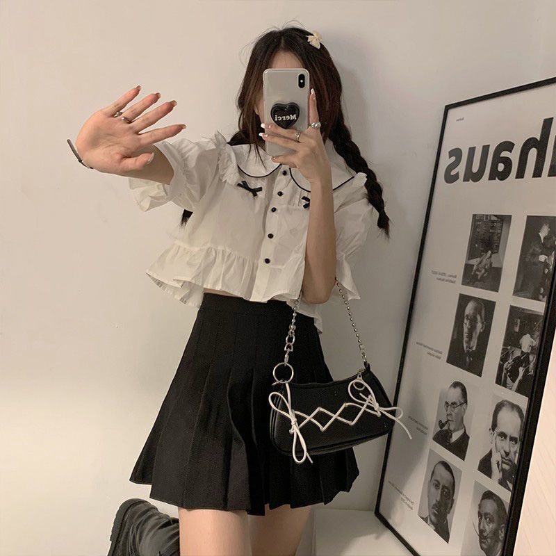 大碼女裝減齡娃娃領襯衫女夏季新款木耳邊短款上衣胖MM百褶裙套裝