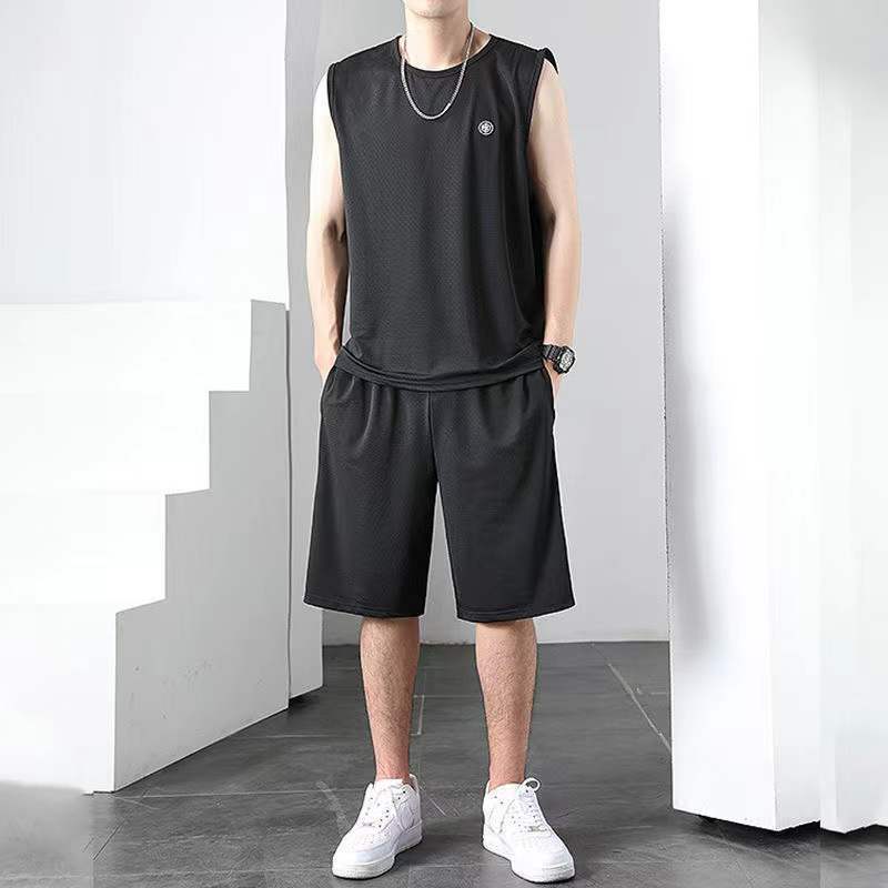 Sports suit men's summer sleeveless vest ice silk quick-drying fitness running casual shorts handsome trendy two-piece set