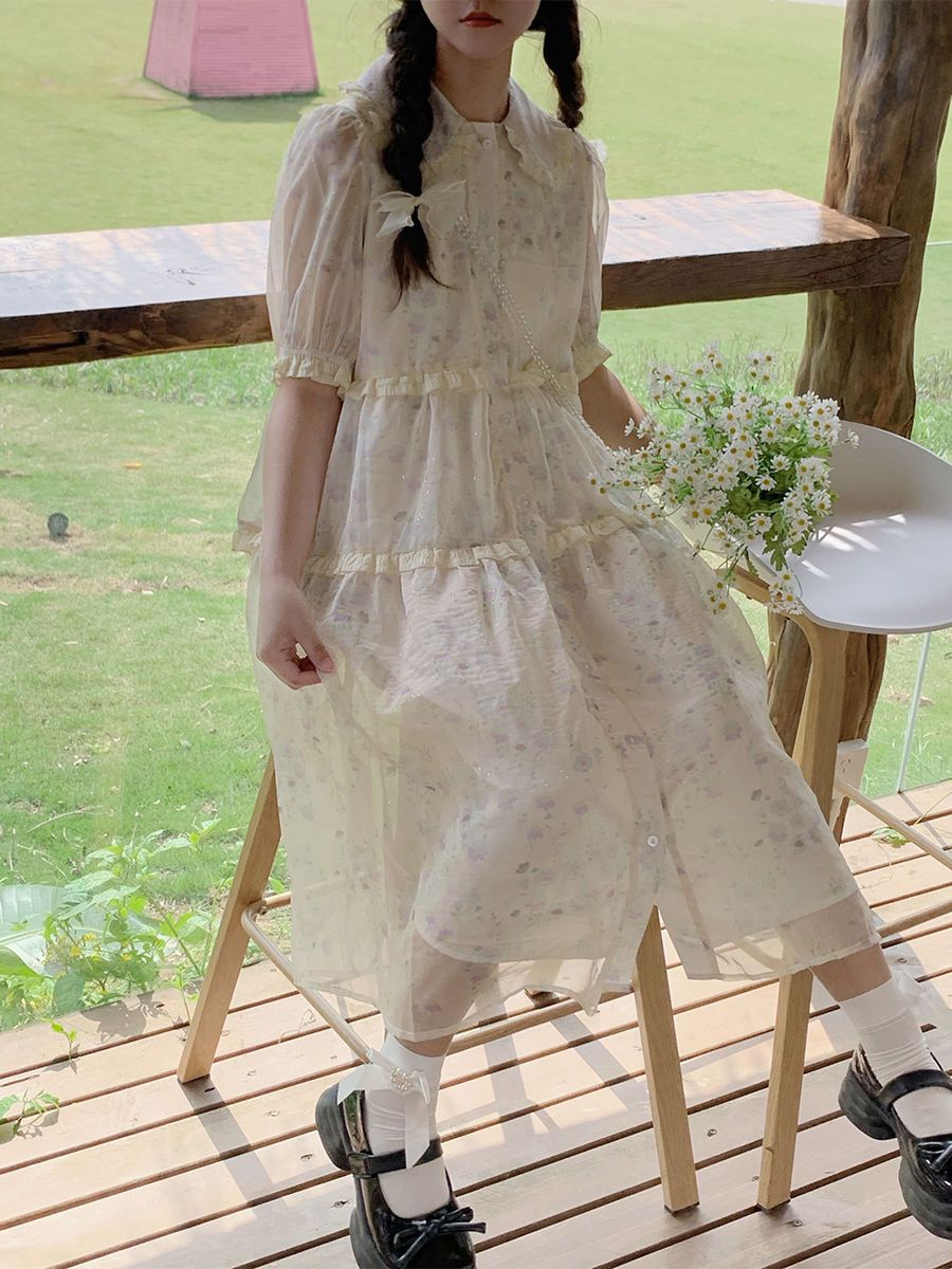 Fresh small flower print dress female summer  new puff sleeve doll collar wood ear stitching floral skirt