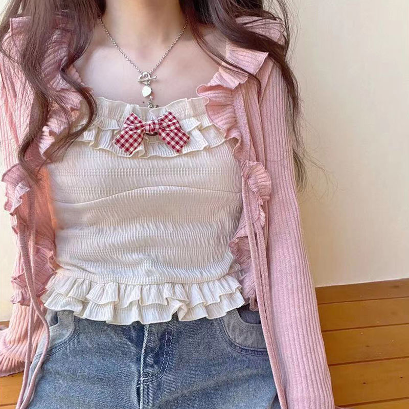 Sunscreen pink flowers, wood ear edge cardigan, women's new spring and summer , lace up short shawl air conditioning shirt