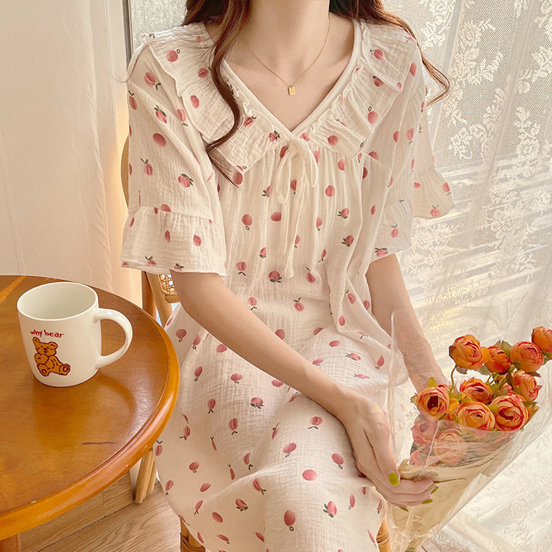 Princess wind nightdress female summer short-sleeved pure cotton gauze loose 2022 new summer pajamas cute home service