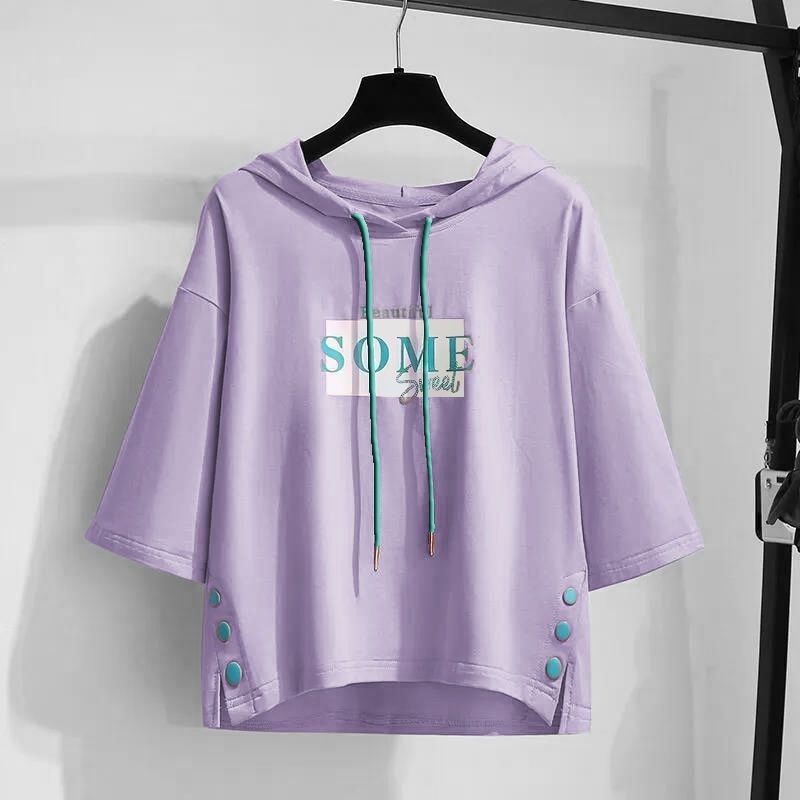 Children's clothing  spring and summer new girls' hooded short-sleeved T-shirt middle and big children's three-quarter sleeves loose all-match tops pure cotton