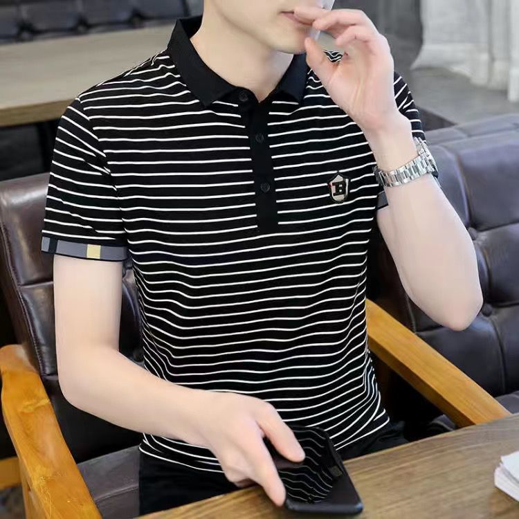 男士短袖T恤夏季新款青年休闲韩版时尚薄款条纹半袖男装潮